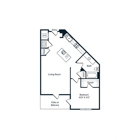 Floor plan for 1 bed, 1 bath, 873 sqft